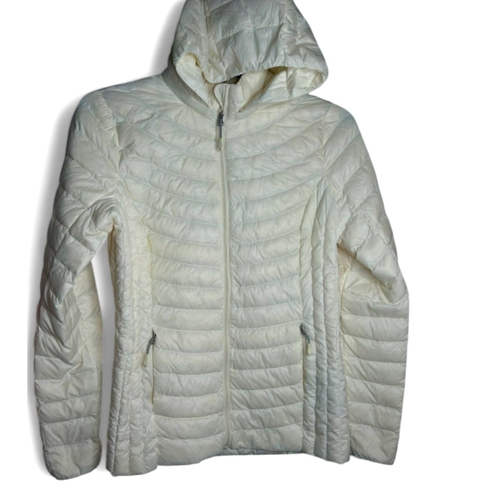Heatkeep Puffer Jacket Small  ivory Hooded Zip Up Feathers Long Sleeve. NWOT